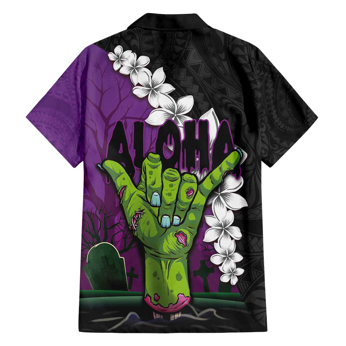 Hawaiian Halloween Family Matching Puletasi and Hawaiian Shirt Horror Shaka Hand with Plumeria and Polynesian Tattoo Midnight Color LT03 - Polynesian Pride