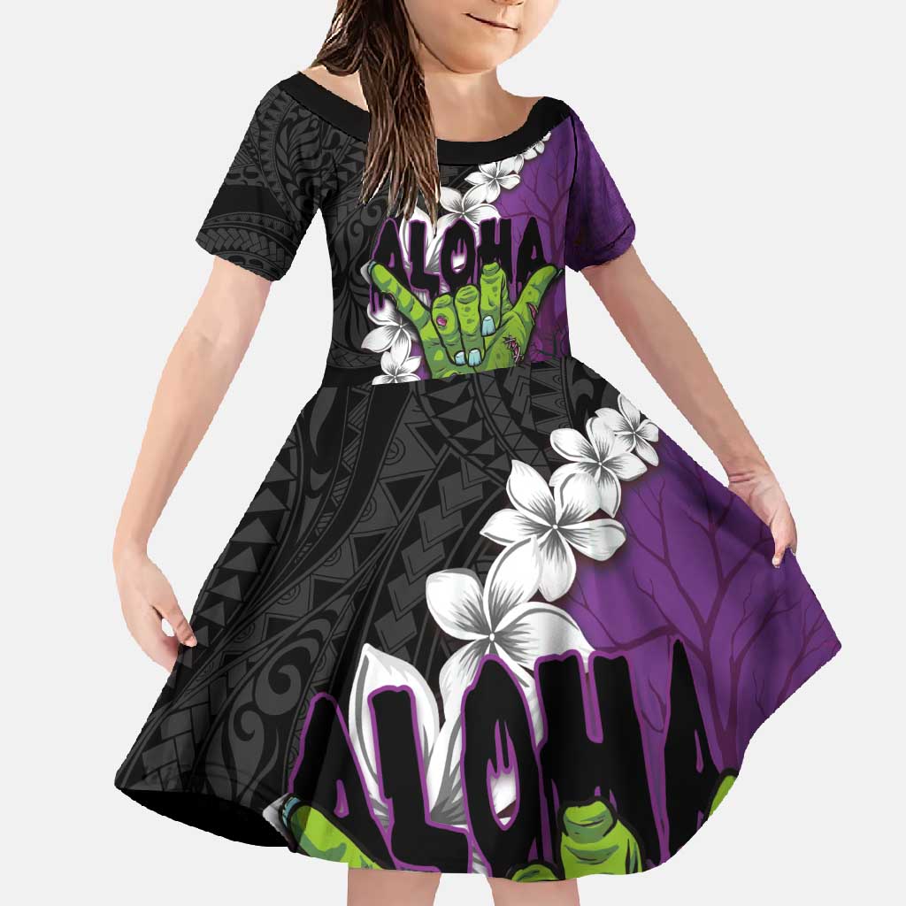 Hawaiian Halloween Family Matching Summer Maxi Dress and Hawaiian Shirt Horror Shaka Hand with Plumeria and Polynesian Tattoo Midnight Color LT03 Daughter's Dress Purple - Polynesian Pride