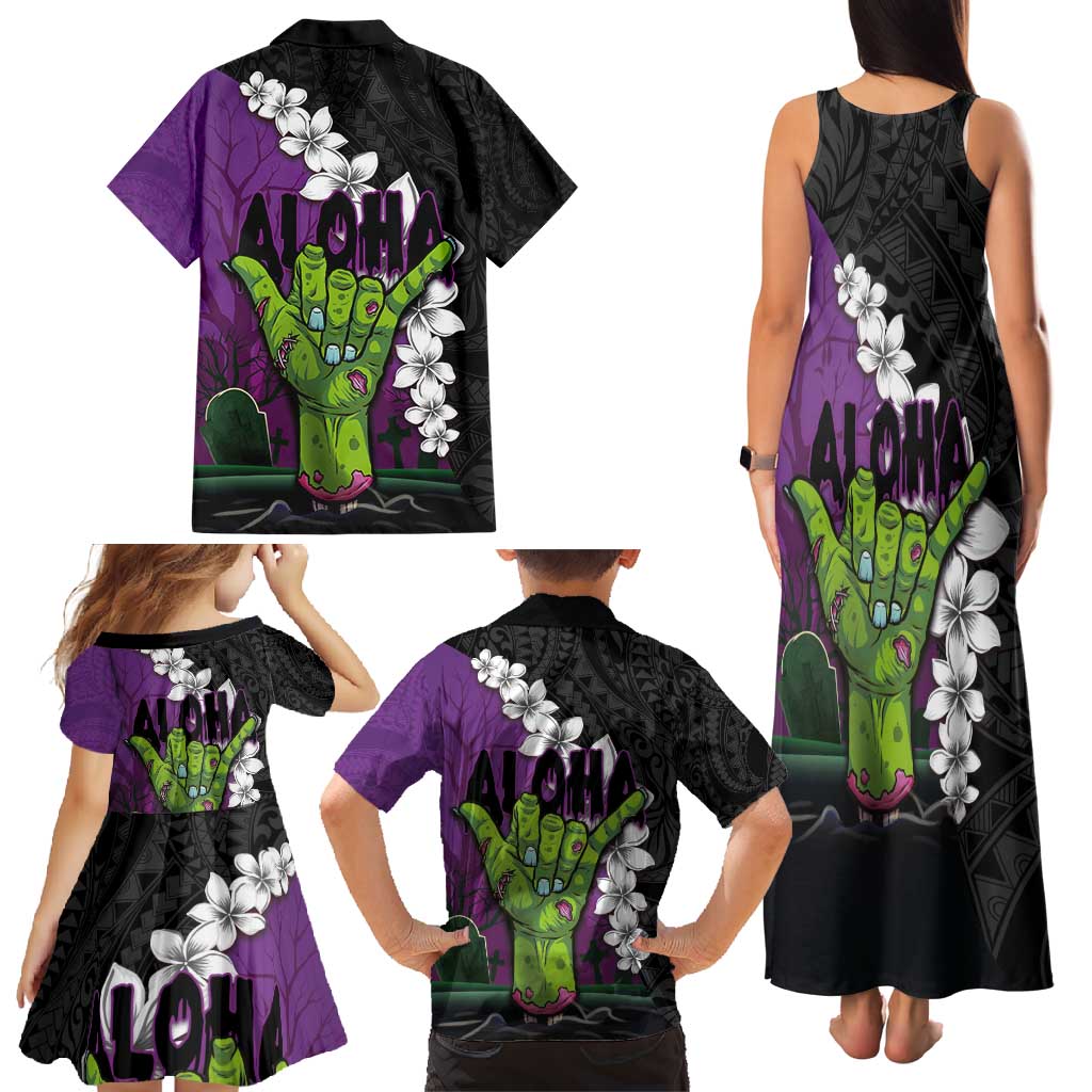 Hawaiian Halloween Family Matching Tank Maxi Dress and Hawaiian Shirt Horror Shaka Hand with Plumeria and Polynesian Tattoo Midnight Color LT03 - Polynesian Pride
