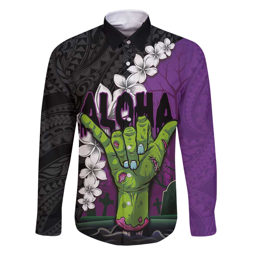 Hawaiian Halloween Family Matching Tank Maxi Dress and Hawaiian Shirt Horror Shaka Hand with Plumeria and Polynesian Tattoo Midnight Color LT03 Dad's Shirt - Long Sleeve Purple - Polynesian Pride