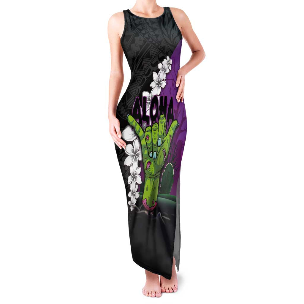 Hawaiian Halloween Family Matching Tank Maxi Dress and Hawaiian Shirt Horror Shaka Hand with Plumeria and Polynesian Tattoo Midnight Color LT03 Mom's Dress Purple - Polynesian Pride