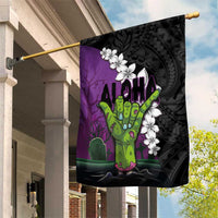 Hawaiian Halloween Garden Flag Horror Shaka Hand with Plumeria and Polynesian Tattoo Midnight Color LT03 House Flag Purple - Polynesian Pride