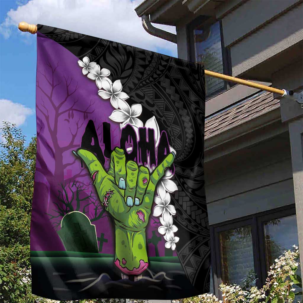 Hawaiian Halloween Garden Flag Horror Shaka Hand with Plumeria and Polynesian Tattoo Midnight Color LT03 - Polynesian Pride