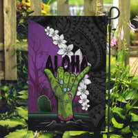 Hawaiian Halloween Garden Flag Horror Shaka Hand with Plumeria and Polynesian Tattoo Midnight Color LT03 Garden Flag Purple - Polynesian Pride