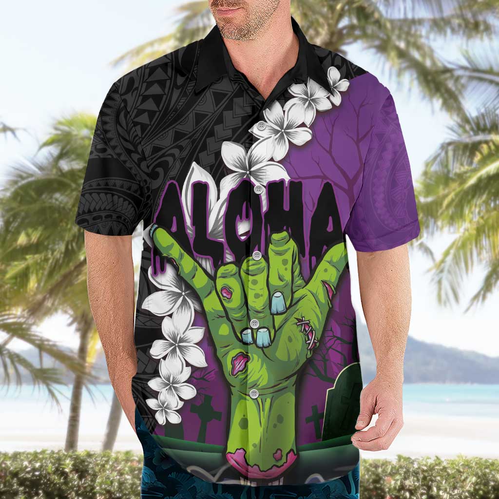 Hawaiian Halloween Hawaiian Shirt Horror Shaka Hand with Plumeria and Polynesian Tattoo Midnight Color LT03 - Polynesian Pride