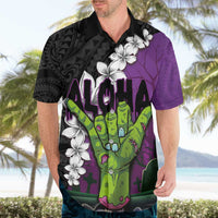 Hawaiian Halloween Hawaiian Shirt Horror Shaka Hand with Plumeria and Polynesian Tattoo Midnight Color LT03 - Polynesian Pride