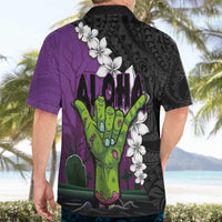 Hawaiian Halloween Hawaiian Shirt Horror Shaka Hand with Plumeria and Polynesian Tattoo Midnight Color LT03 - Polynesian Pride