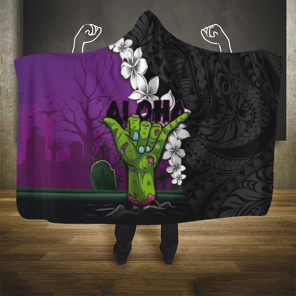Hawaiian Halloween Hooded Blanket Horror Shaka Hand with Plumeria and Polynesian Tattoo Midnight Color LT03 - Polynesian Pride