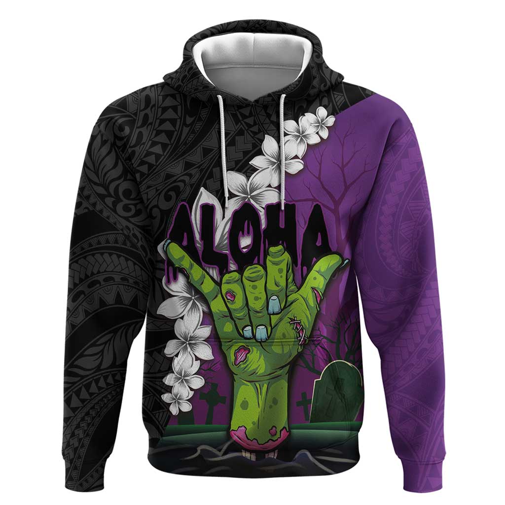 Hawaiian Halloween Hoodie Horror Shaka Hand with Plumeria and Polynesian Tattoo Midnight Color LT03 Pullover Hoodie Purple - Polynesian Pride