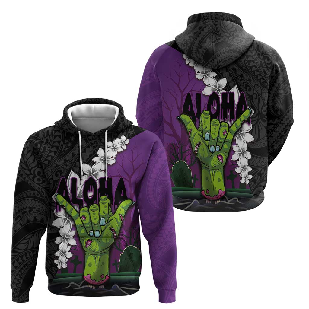 Hawaiian Halloween Hoodie Horror Shaka Hand with Plumeria and Polynesian Tattoo Midnight Color LT03 - Polynesian Pride