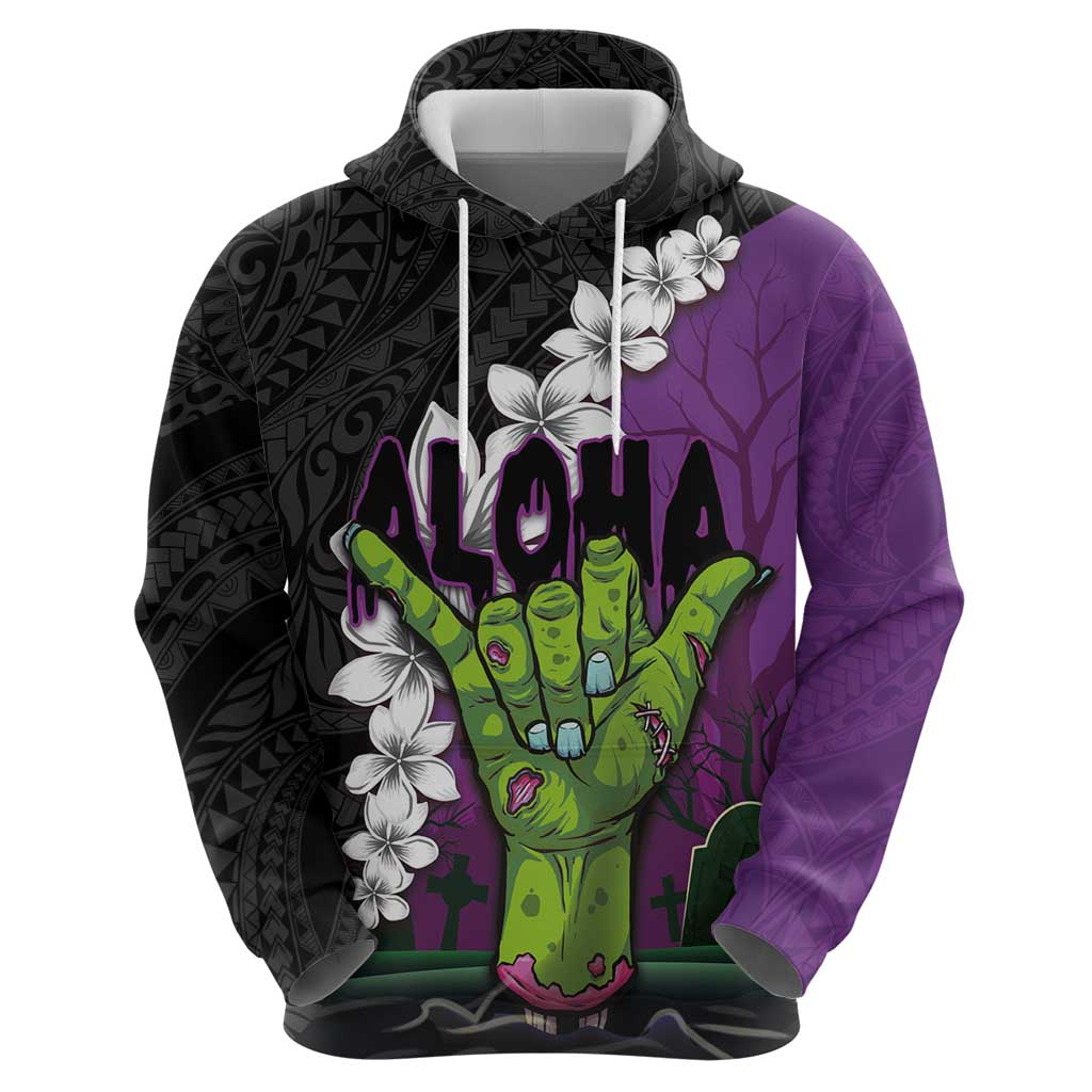 Hawaiian Halloween Hoodie Horror Shaka Hand with Plumeria and Polynesian Tattoo Midnight Color LT03 - Polynesian Pride