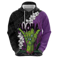 Hawaiian Halloween Hoodie Horror Shaka Hand with Plumeria and Polynesian Tattoo Midnight Color LT03 - Polynesian Pride
