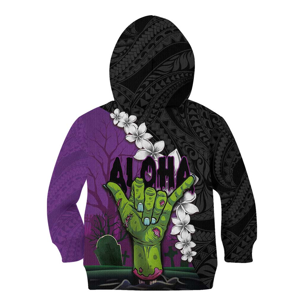 Hawaiian Halloween Kid Hoodie Horror Shaka Hand with Plumeria and Polynesian Tattoo Midnight Color LT03 - Polynesian Pride
