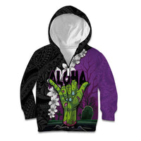 Hawaiian Halloween Kid Hoodie Horror Shaka Hand with Plumeria and Polynesian Tattoo Midnight Color LT03 Zip Hoodie Purple - Polynesian Pride