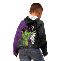 Hawaiian Halloween Kid Hoodie Horror Shaka Hand with Plumeria and Polynesian Tattoo Midnight Color LT03 - Polynesian Pride