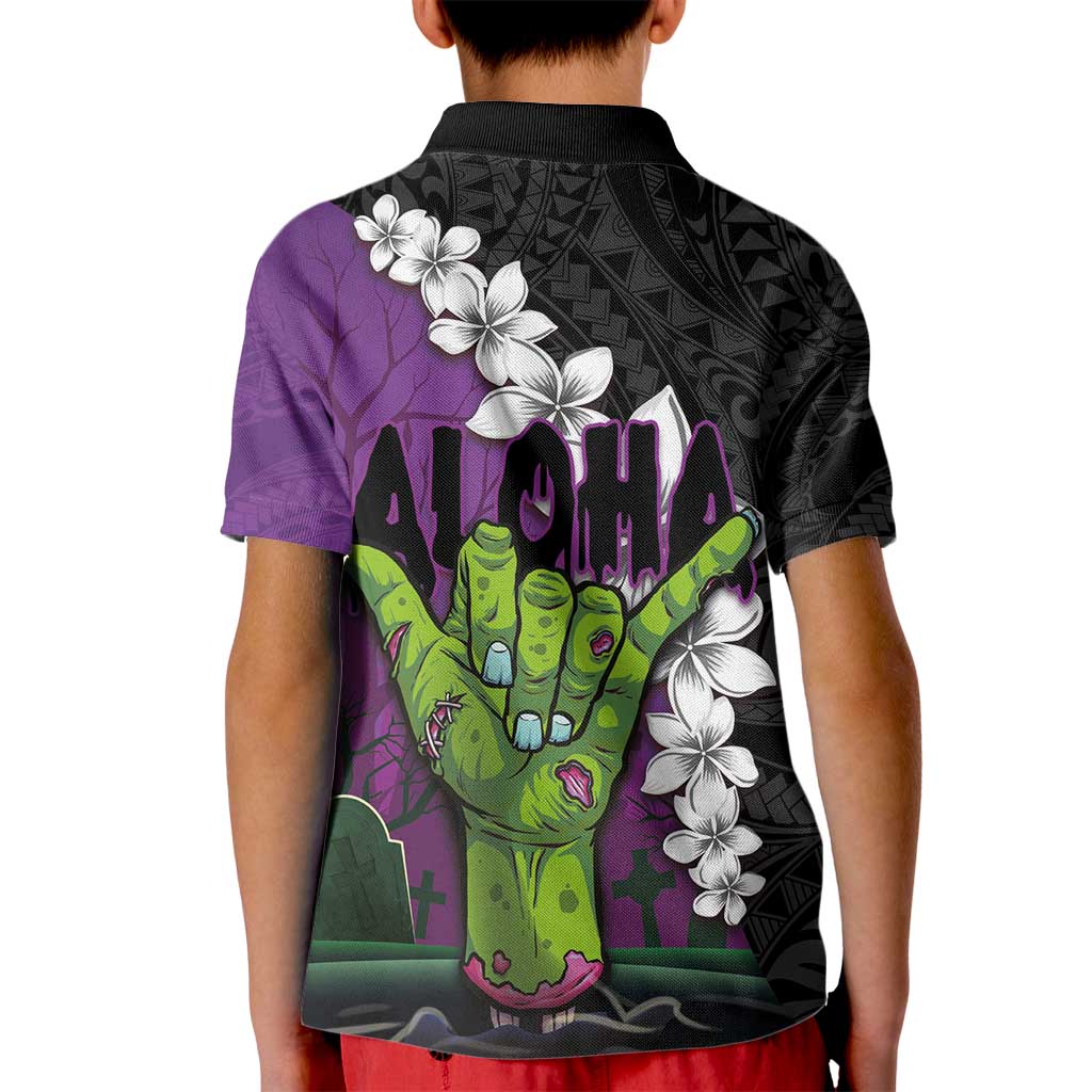 Hawaiian Halloween Kid Polo Shirt Horror Shaka Hand with Plumeria and Polynesian Tattoo Midnight Color LT03 - Polynesian Pride