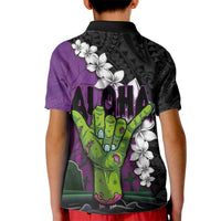 Hawaiian Halloween Kid Polo Shirt Horror Shaka Hand with Plumeria and Polynesian Tattoo Midnight Color LT03 - Polynesian Pride