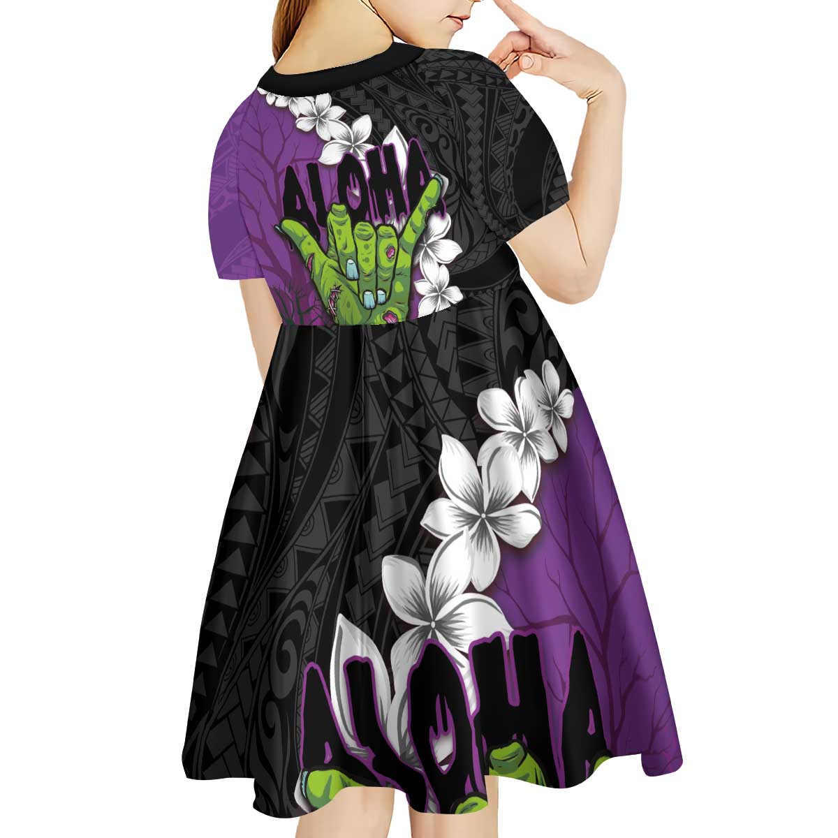 Hawaiian Halloween Kid Short Sleeve Dress Horror Shaka Hand with Plumeria and Polynesian Tattoo Midnight Color LT03 - Polynesian Pride
