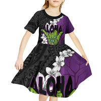 Hawaiian Halloween Kid Short Sleeve Dress Horror Shaka Hand with Plumeria and Polynesian Tattoo Midnight Color LT03 - Polynesian Pride