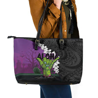 Hawaiian Halloween Leather Tote Bag Horror Shaka Hand with Plumeria and Polynesian Tattoo Midnight Color LT03 - Polynesian Pride