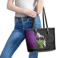 Hawaiian Halloween Leather Tote Bag Horror Shaka Hand with Plumeria and Polynesian Tattoo Midnight Color LT03 - Polynesian Pride