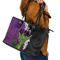 Hawaiian Halloween Leather Tote Bag Horror Shaka Hand with Plumeria and Polynesian Tattoo Midnight Color LT03 - Polynesian Pride