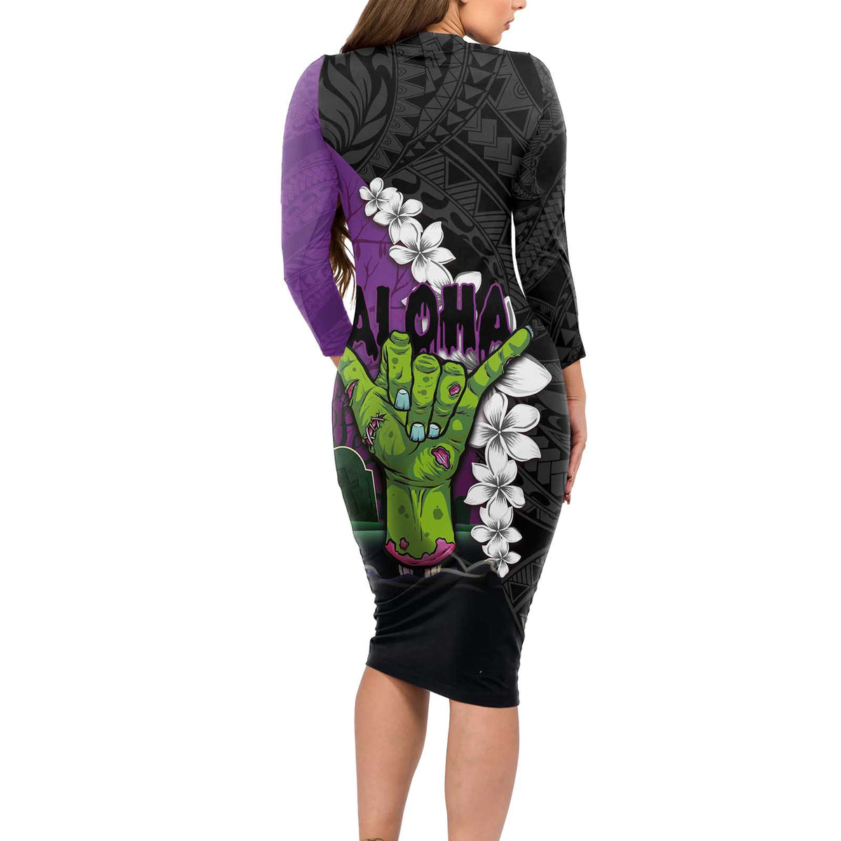 Hawaiian Halloween Long Sleeve Bodycon Dress Horror Shaka Hand with Plumeria and Polynesian Tattoo Midnight Color LT03 - Polynesian Pride