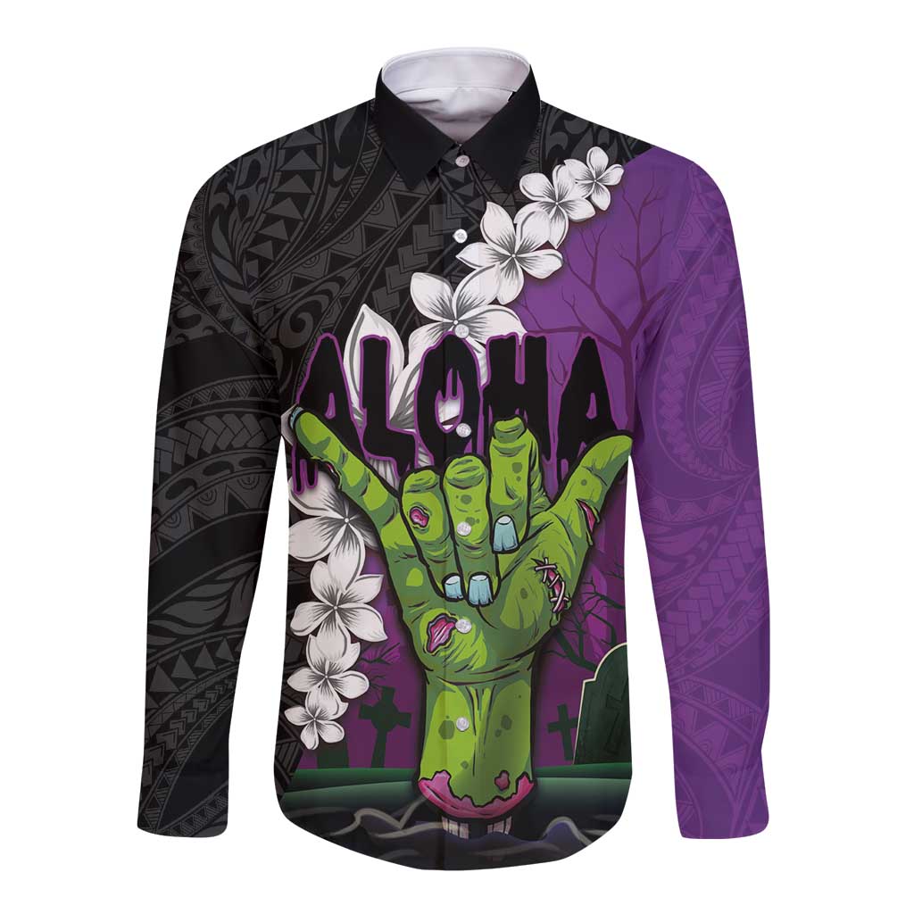 Hawaiian Halloween Long Sleeve Button Shirt Horror Shaka Hand with Plumeria and Polynesian Tattoo Midnight Color LT03 Unisex Purple - Polynesian Pride