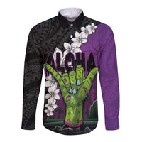 Hawaiian Halloween Long Sleeve Button Shirt Horror Shaka Hand with Plumeria and Polynesian Tattoo Midnight Color LT03 Unisex Purple - Polynesian Pride