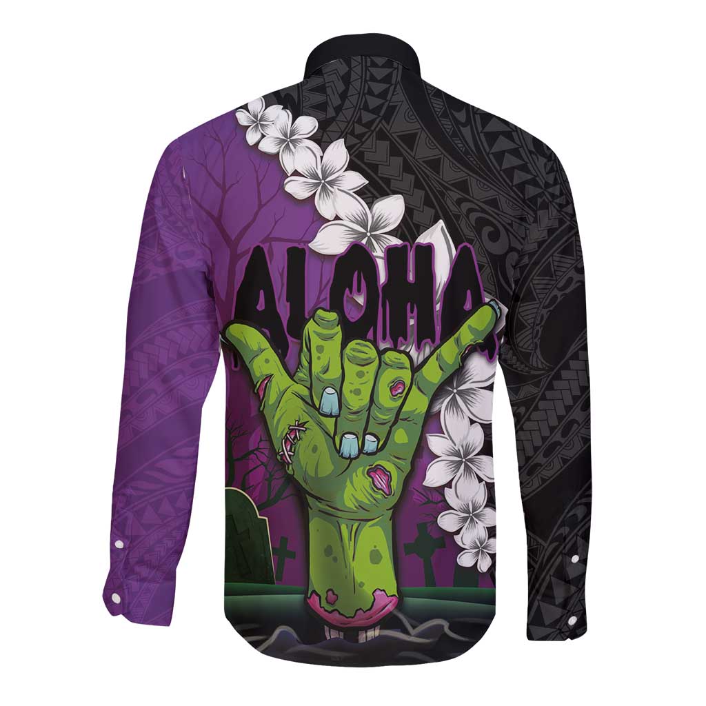 Hawaiian Halloween Long Sleeve Button Shirt Horror Shaka Hand with Plumeria and Polynesian Tattoo Midnight Color LT03 - Polynesian Pride
