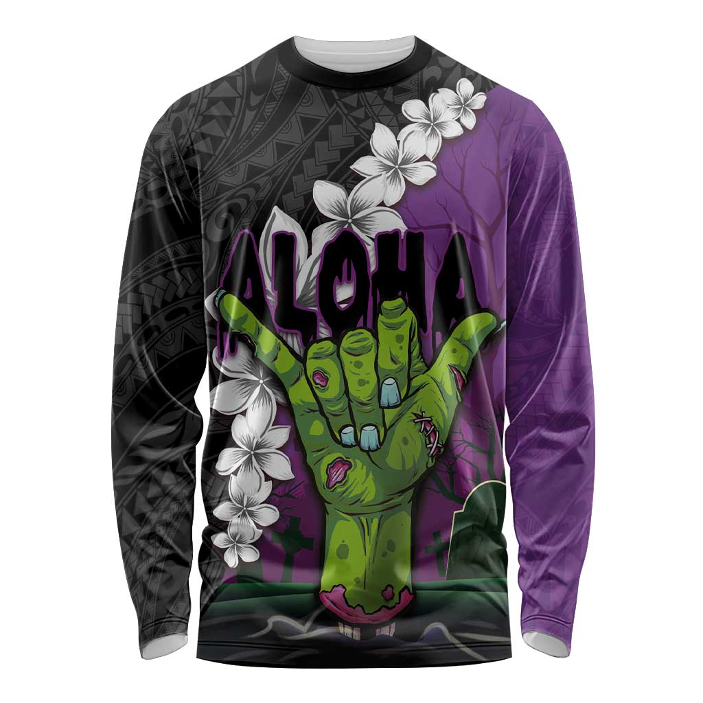Hawaiian Halloween Long Sleeve Shirt Horror Shaka Hand with Plumeria and Polynesian Tattoo Midnight Color LT03 Unisex Purple - Polynesian Pride