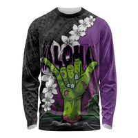 Hawaiian Halloween Long Sleeve Shirt Horror Shaka Hand with Plumeria and Polynesian Tattoo Midnight Color LT03 Unisex Purple - Polynesian Pride