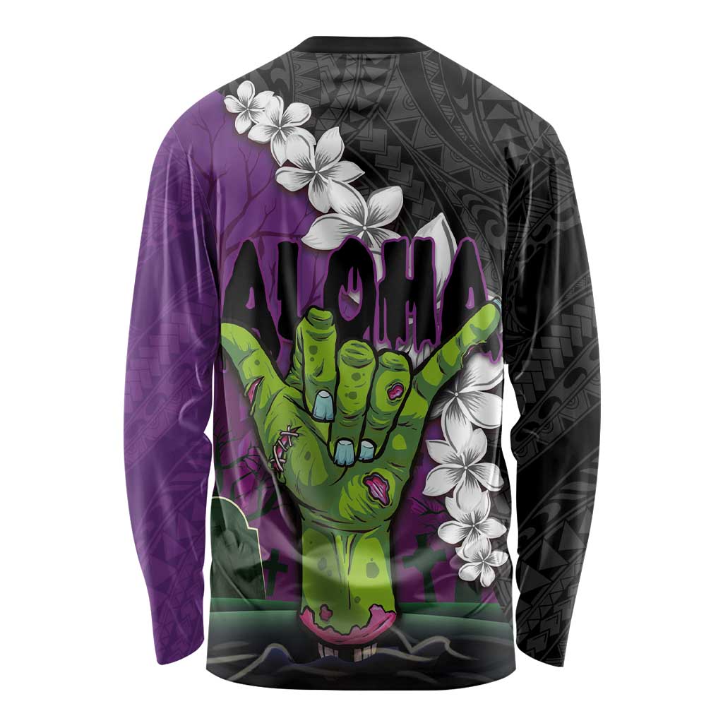 Hawaiian Halloween Long Sleeve Shirt Horror Shaka Hand with Plumeria and Polynesian Tattoo Midnight Color LT03 - Polynesian Pride