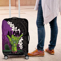 Hawaiian Halloween Luggage Cover Horror Shaka Hand with Plumeria and Polynesian Tattoo Midnight Color LT03 Purple - Polynesian Pride