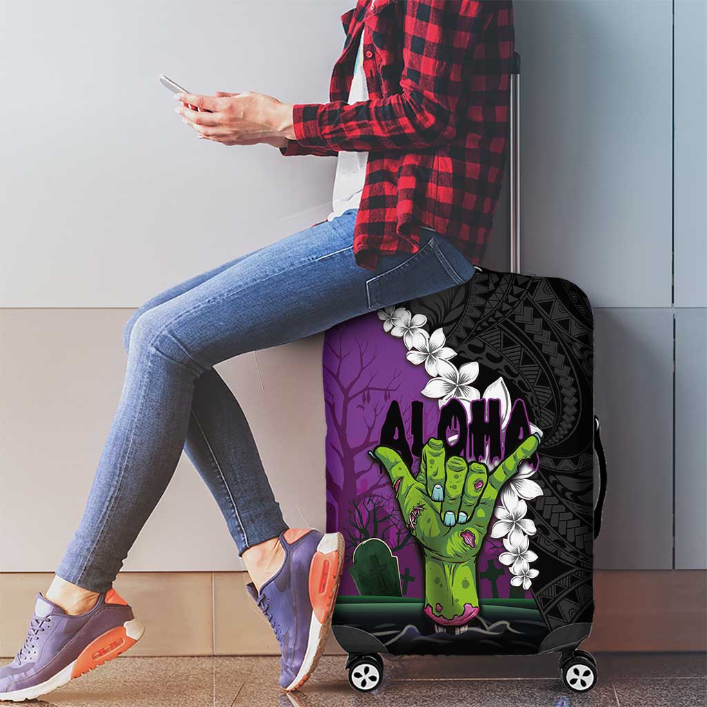 Hawaiian Halloween Luggage Cover Horror Shaka Hand with Plumeria and Polynesian Tattoo Midnight Color LT03 - Polynesian Pride