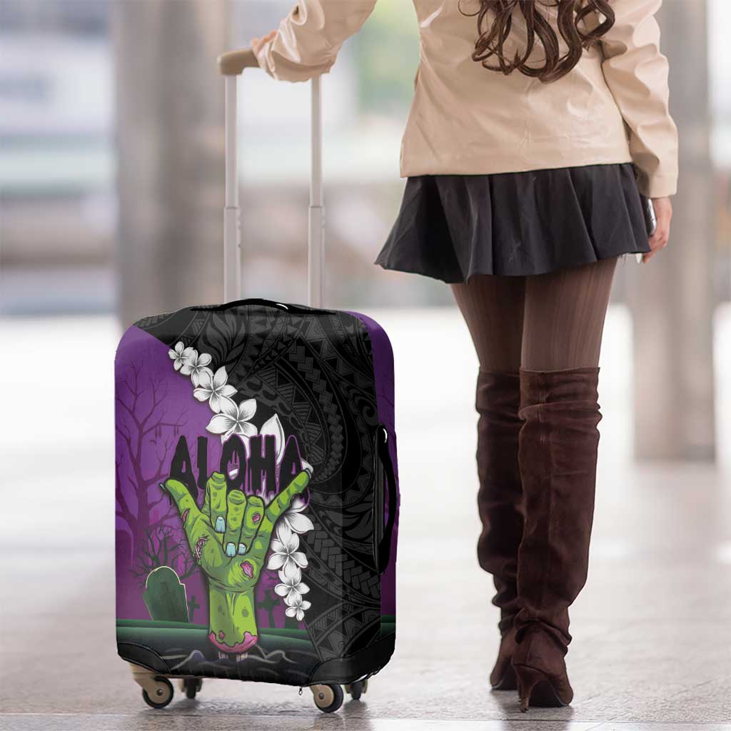 Hawaiian Halloween Luggage Cover Horror Shaka Hand with Plumeria and Polynesian Tattoo Midnight Color LT03 - Polynesian Pride