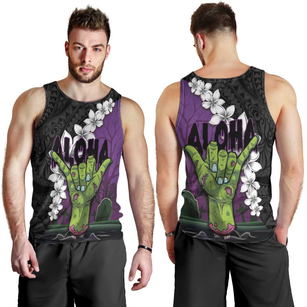 Hawaiian Halloween Men Tank Top Horror Shaka Hand with Plumeria and Polynesian Tattoo Midnight Color LT03 - Polynesian Pride
