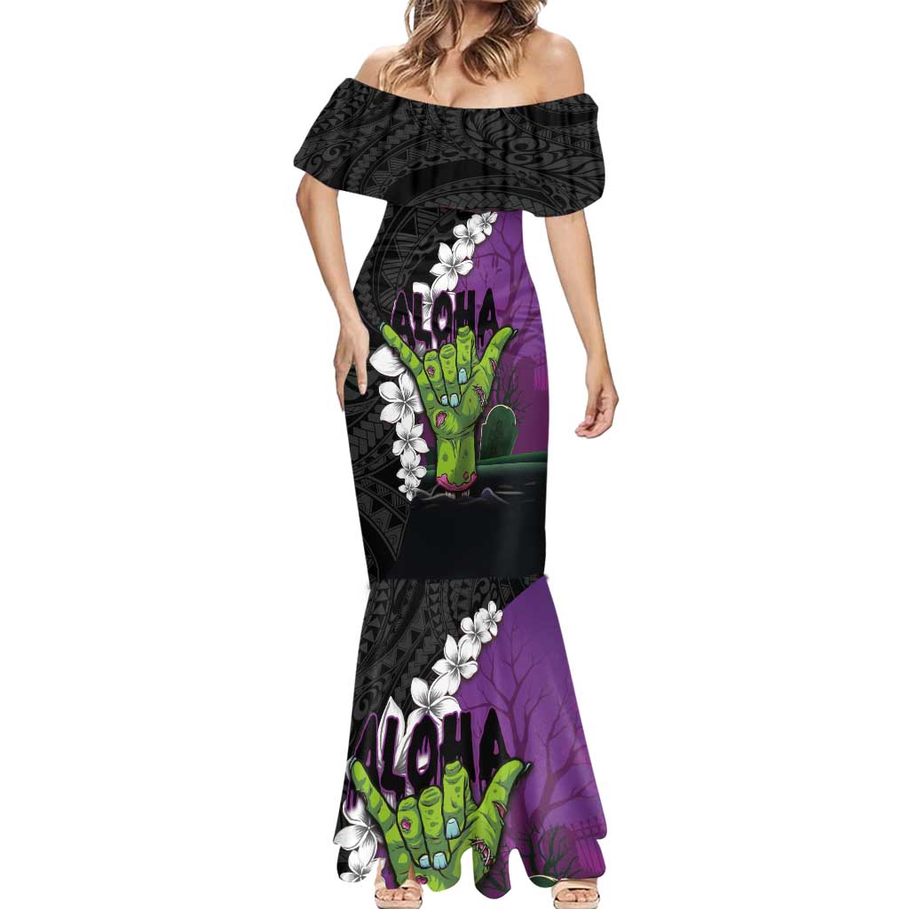 Hawaiian Halloween Mermaid Dress Horror Shaka Hand with Plumeria and Polynesian Tattoo Midnight Color LT03 - Polynesian Pride