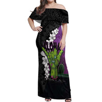 Hawaiian Halloween Off Shoulder Maxi Dress Horror Shaka Hand with Plumeria and Polynesian Tattoo Midnight Color LT03 Women Purple - Polynesian Pride