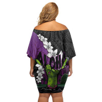Hawaiian Halloween Off Shoulder Short Dress Horror Shaka Hand with Plumeria and Polynesian Tattoo Midnight Color LT03 - Polynesian Pride