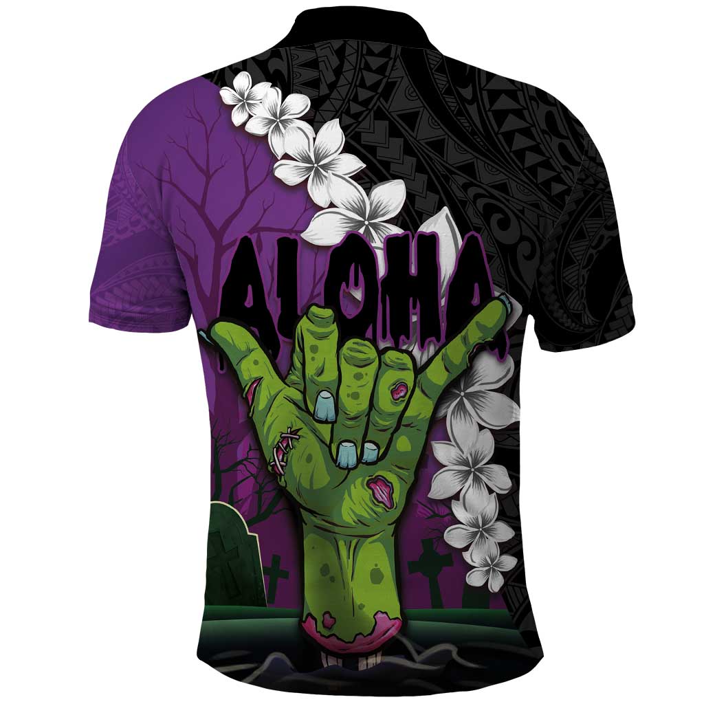 Hawaiian Halloween Polo Shirt Horror Shaka Hand with Plumeria and Polynesian Tattoo Midnight Color LT03 - Polynesian Pride