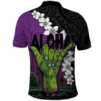 Hawaiian Halloween Polo Shirt Horror Shaka Hand with Plumeria and Polynesian Tattoo Midnight Color LT03 - Polynesian Pride