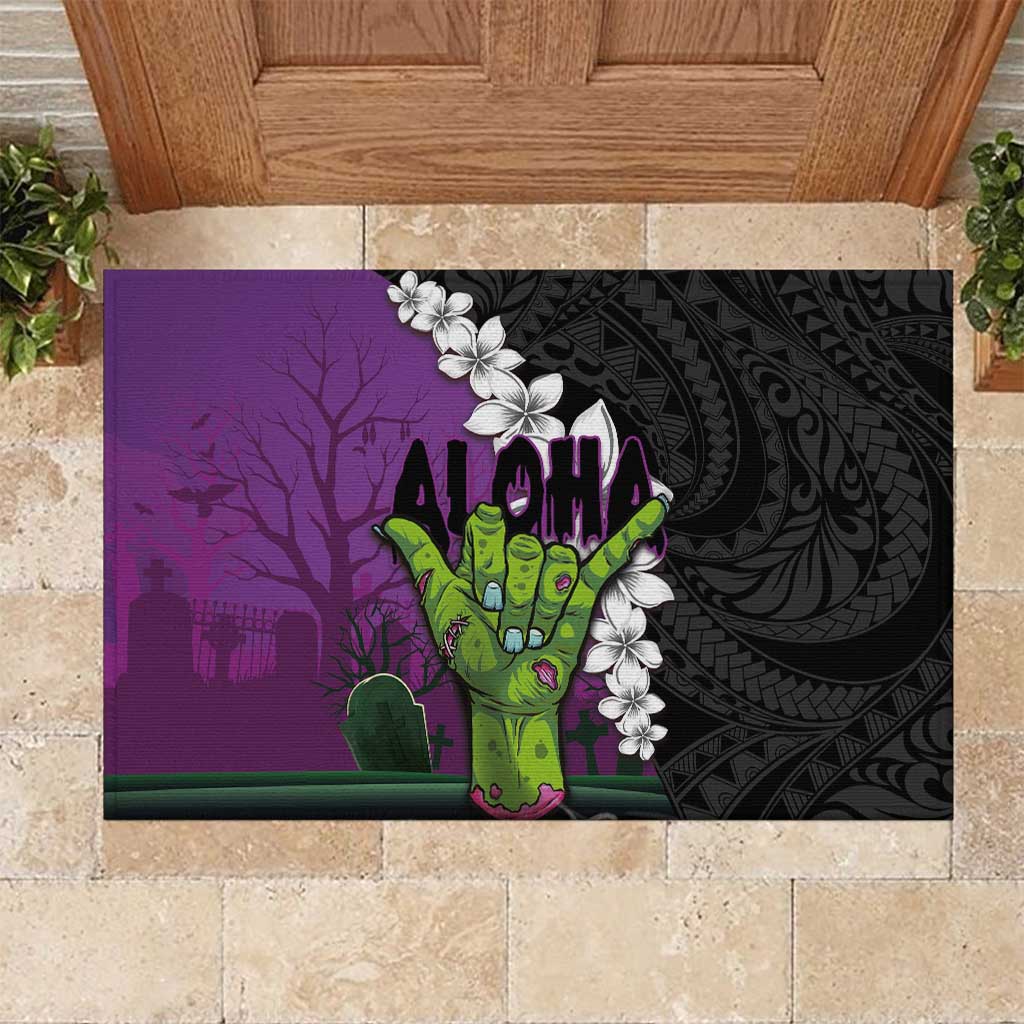 Hawaiian Halloween Rubber Doormat Horror Shaka Hand with Plumeria and Polynesian Tattoo Midnight Color