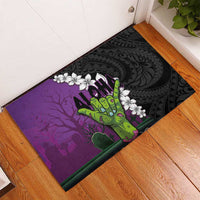 Hawaiian Halloween Rubber Doormat Horror Shaka Hand with Plumeria and Polynesian Tattoo Midnight Color