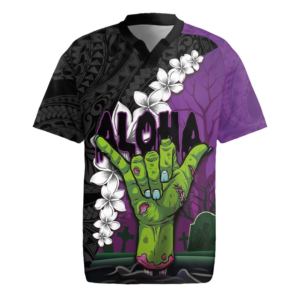 Hawaiian Halloween Rugby Jersey Horror Shaka Hand with Plumeria and Polynesian Tattoo Midnight Color LT03 Purple - Polynesian Pride
