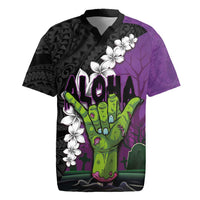 Hawaiian Halloween Rugby Jersey Horror Shaka Hand with Plumeria and Polynesian Tattoo Midnight Color LT03 Purple - Polynesian Pride