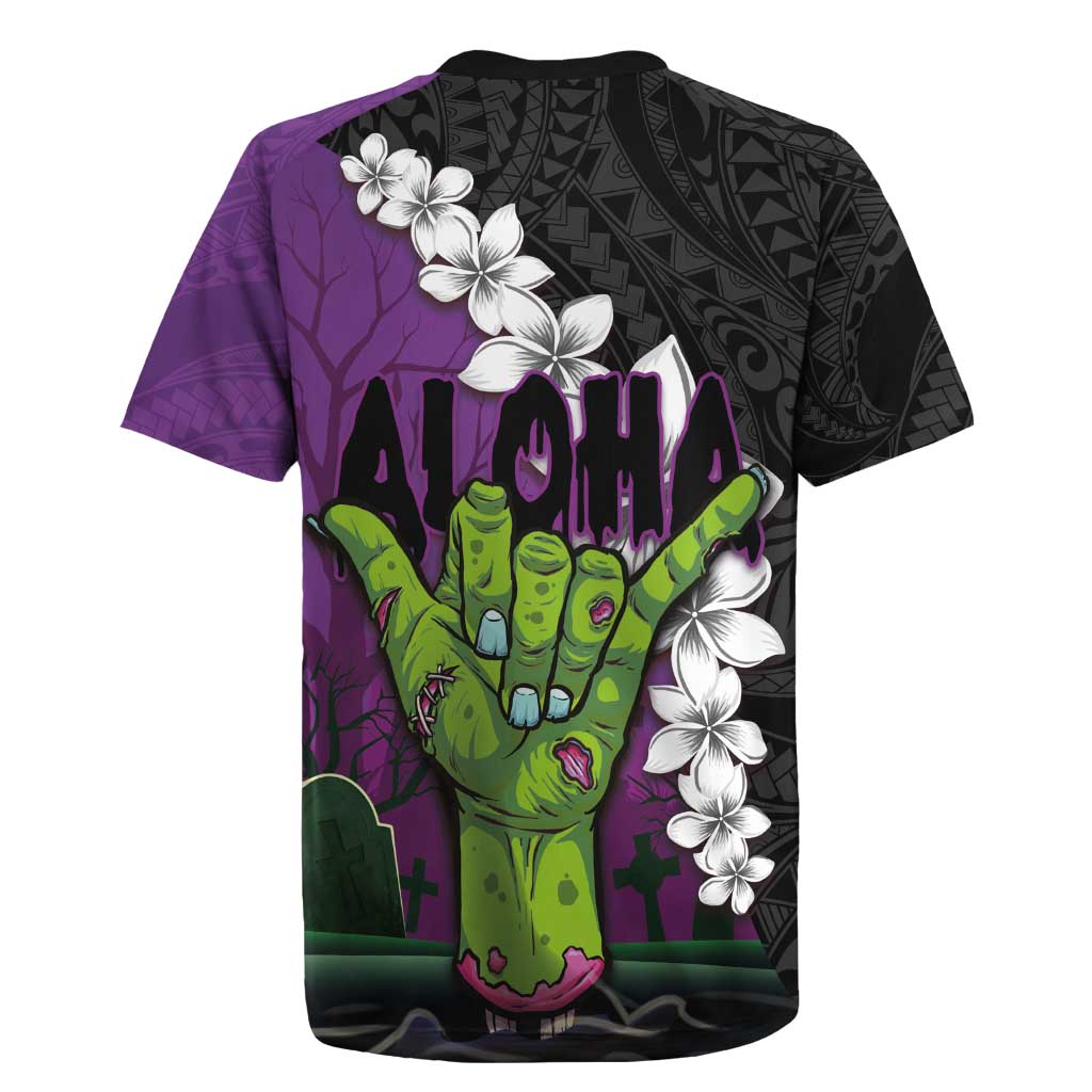 Hawaiian Halloween Rugby Jersey Horror Shaka Hand with Plumeria and Polynesian Tattoo Midnight Color LT03 - Polynesian Pride
