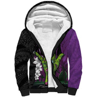 Hawaiian Halloween Sherpa Hoodie Horror Shaka Hand with Plumeria and Polynesian Tattoo Midnight Color LT03 Unisex Purple - Polynesian Pride