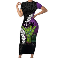 Hawaiian Halloween Short Sleeve Bodycon Dress Horror Shaka Hand with Plumeria and Polynesian Tattoo Midnight Color LT03 Long Dress Purple - Polynesian Pride