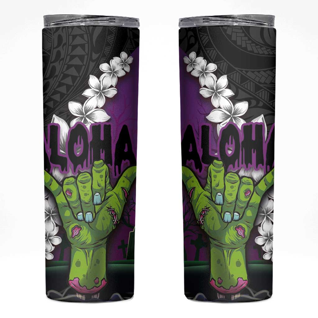 Hawaiian Halloween Skinny Tumbler Horror Shaka Hand with Plumeria and Polynesian Tattoo Midnight Color LT03 Purple - Polynesian Pride